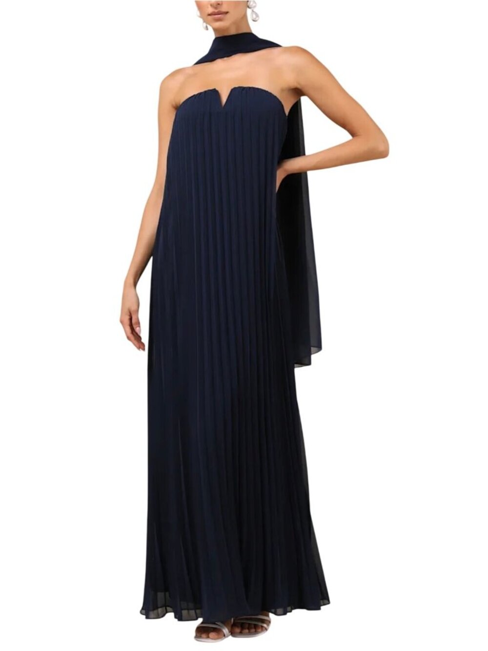 Lulus Lael Navy Pleated Strapless Dress & Scarf Set Sz MED Event HOCO Party